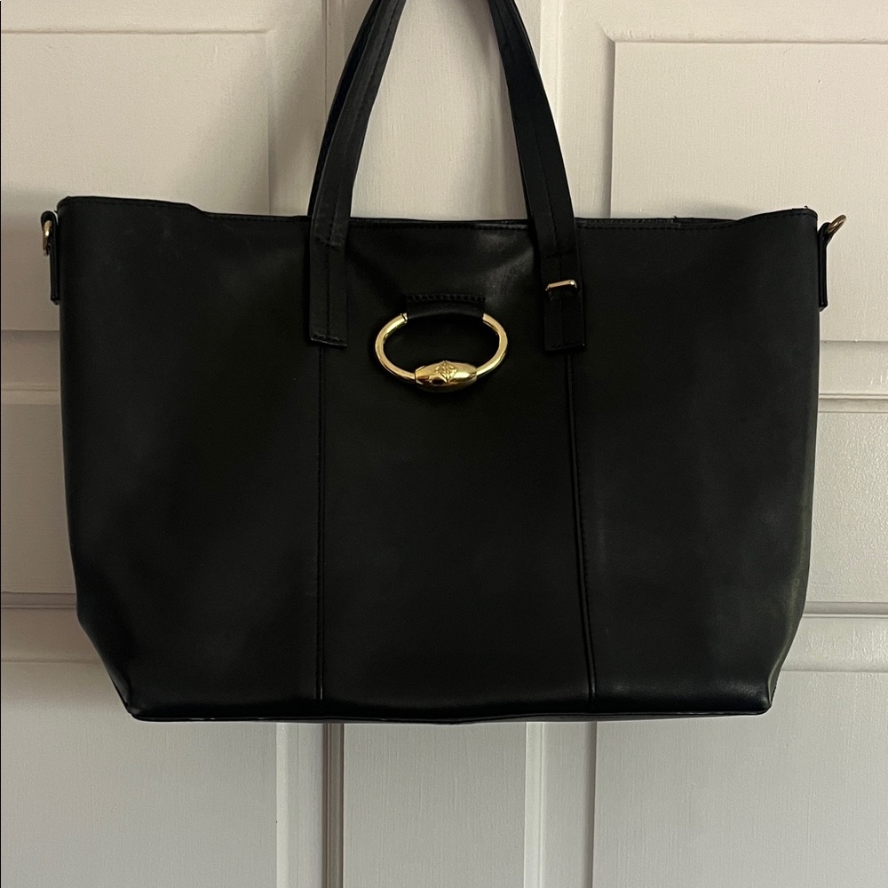 Antonio Melani Black Leather Tote Bag with Gold Accent
